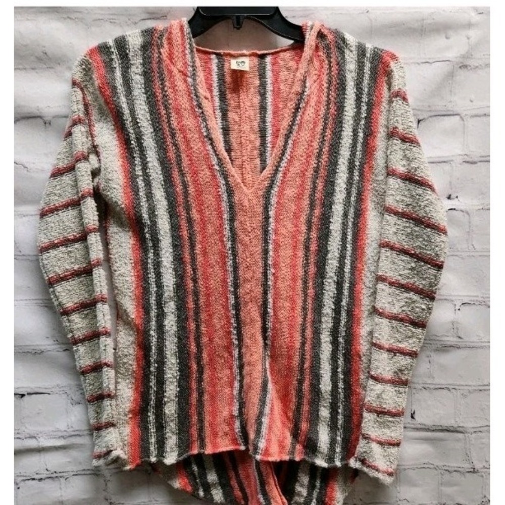Roxy Hoodie S Sweater Pink Gray Stripe Knit L Sleeve Surfer Beach Cover Hippie